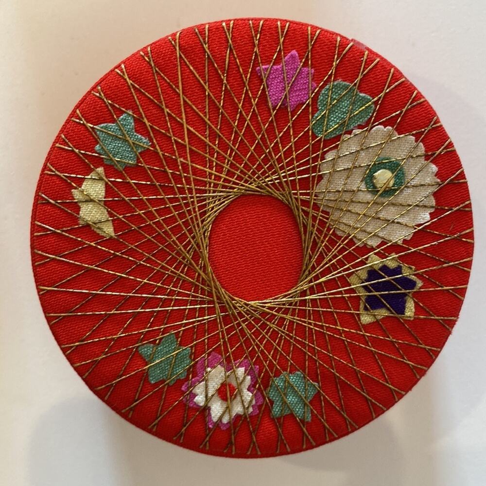 Small Vintage Round Japanese Jewelry Box Red Gold Thread Floral OS